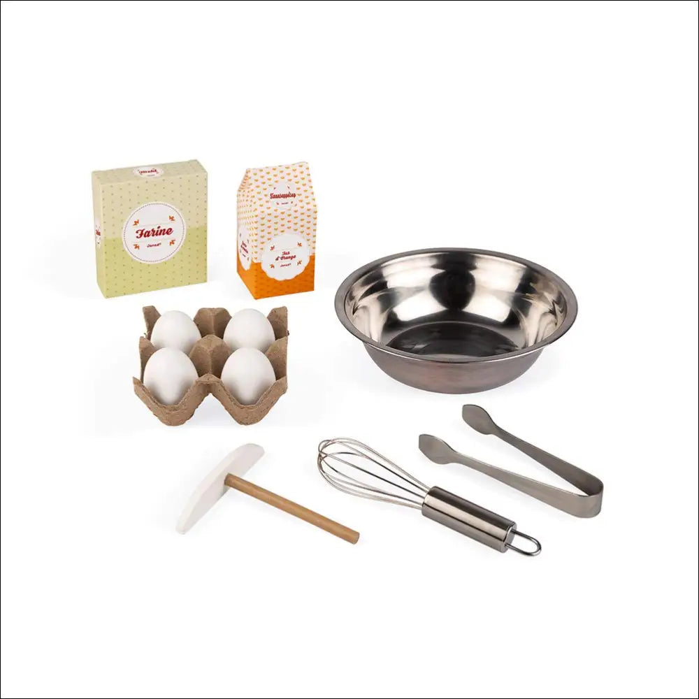 Conjunto de utensilios de cocina para preparar crepes en Carrito Janod Cocinitas de madera