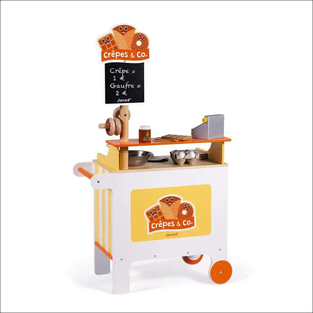 Carrito Janod de cocinitas de madera para preparar crepes con menú y accesorios divertidos