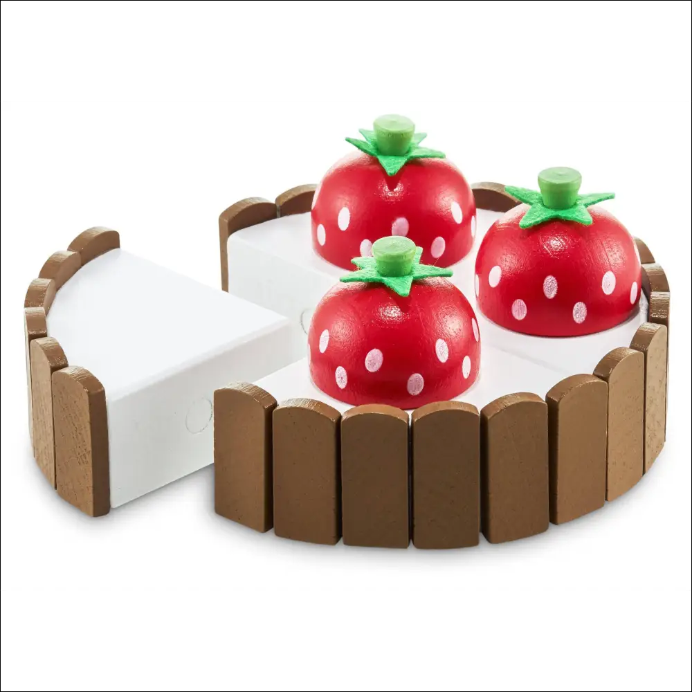 Juego de pastelería Mamabrum en madera con pastel de juguete y piezas de fresa
