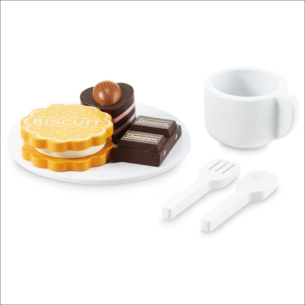 Plato de postres variados con café y utensilios del Juego de Pastelería Mamabrum en Madera