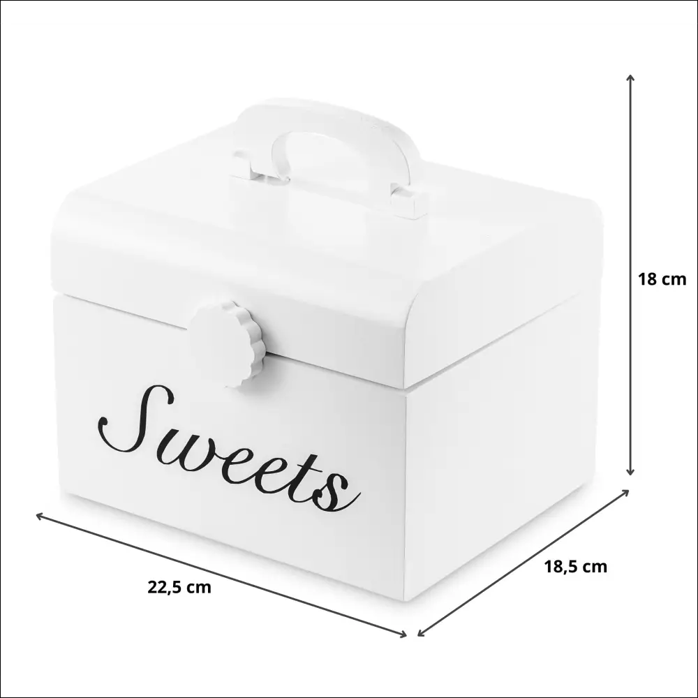 Caja de madera blanca etiquetada Sweets, parte del juego de pastelería Mamabrum