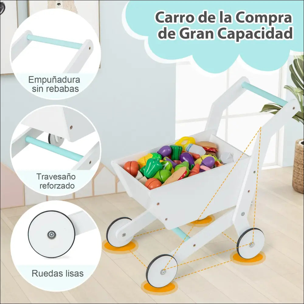 Carrito de compras de madera lleno de comida de juguete en supermercado Costway