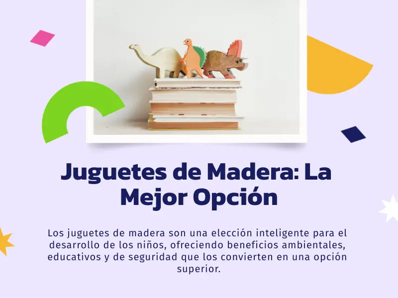 Juguetes de madera para niños, dinosaurios sobre libros en artículo sobre beneficios.