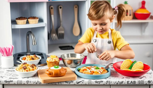 Niño con camiseta amarilla y delantal preparando recetas en cocinitas de madera.