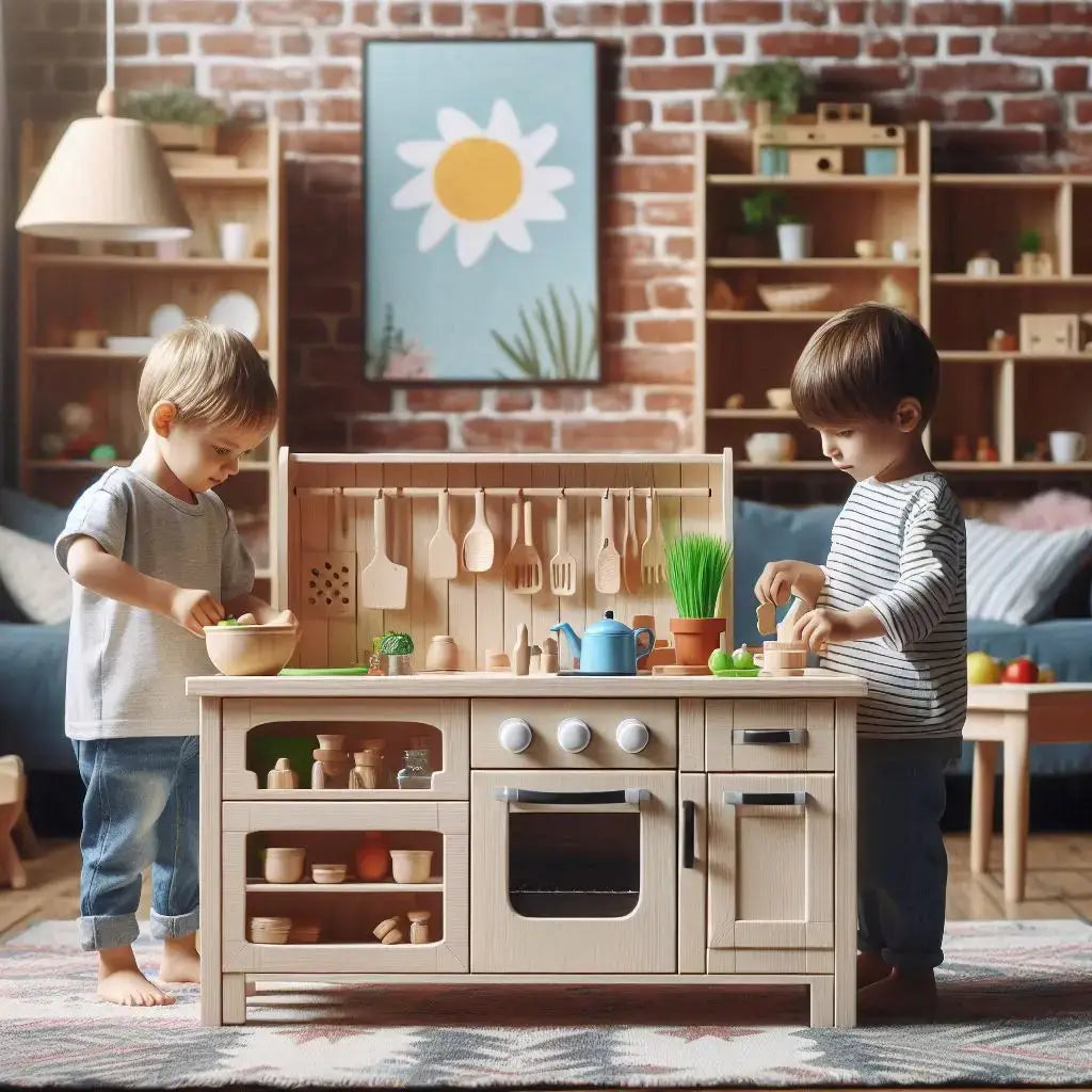 Bowl de plátanos amarillos sobre superficie de madera en juego educativo con cocinitas de madera.