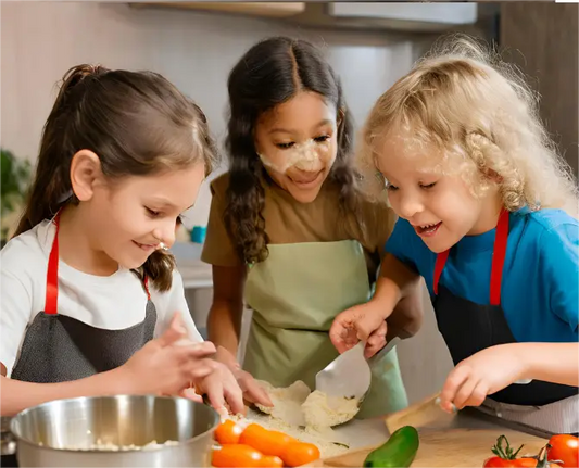 Tres niñas juegan en la cocina, desarrollando habilidades sociales y regulación emocional.