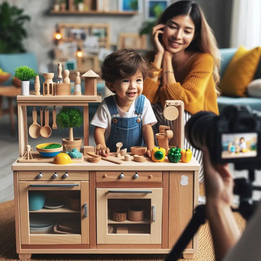 Cocinitas de madera con alimentos y utensilios para fortalecer lazos familiares con hijos.