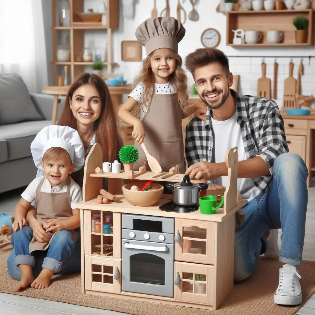 Cocina de madera con mini electrodomésticos para juego imaginativo en niños.