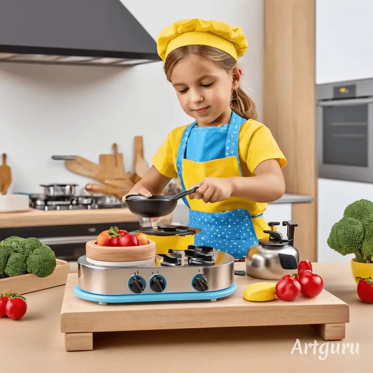 Niño con gorro de chef y delantal cocinando en una cocina de juguete interactiva.