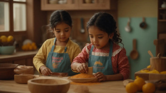 Dos niñas con delantales trabajando con arcilla, fomentando el juego simbólico.