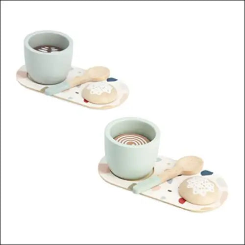 Par de tazas de cerámica verde menta con platos de madera para la Cafetera Italiana de Juguete