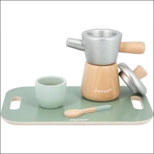 Cafetera Italiana de Juguete de madera y metal con tazas y bandeja para niños