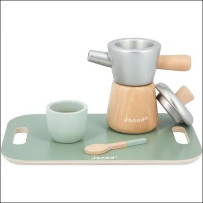 Cafetera Italiana de Juguete de madera y metal con tazas y bandeja para niños