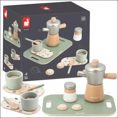 Cafetera italiana de juguete: set de café de madera con accesorios para niños