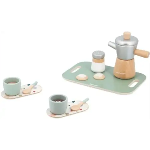 Juguete de cafetera italiana de madera con componentes pastel, ideal para la imaginación infantil