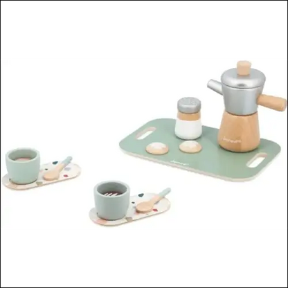Juguete de cafetera italiana de madera con componentes pastel, ideal para la imaginación infantil