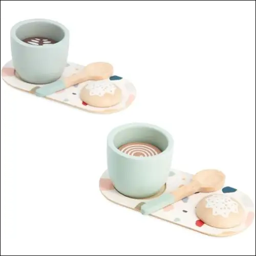 Juego de té de madera con tazas verde menta y accesorios color pastel de cafetera italiana