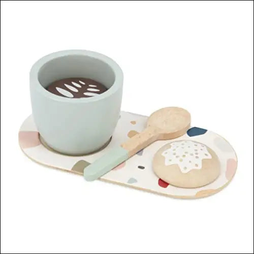 Set de juguete de cafetera italiana con taza, plato, cuchara y galleta en bandeja