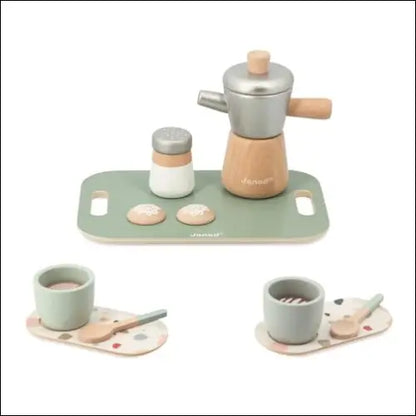 Cafetera Italiana de Juguete con accesorios pastel en bandeja de madera