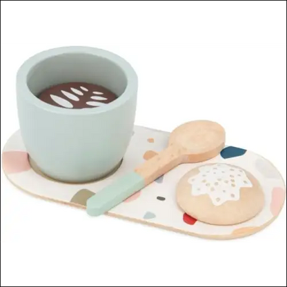 Juego de té de madera con cafetera italiana de juguete y accesorios en bandeja decorativa