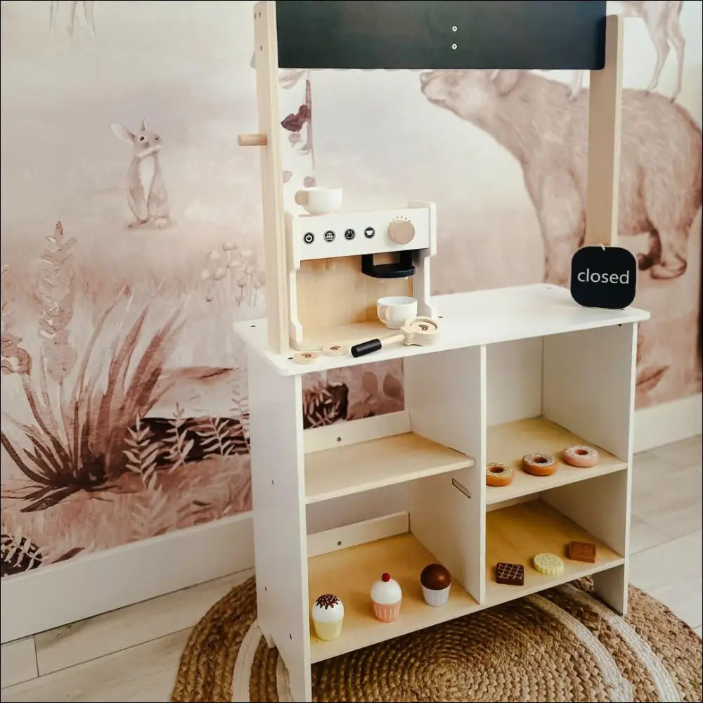 Cafetería de Madera Mamabrum, cocina de juguete blanca con estantes y electrodomésticos