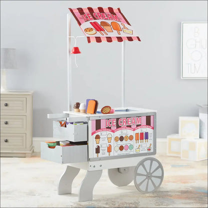 Carrito de bocadillos de madera Melissa & Doug con helados ilustrados y toldo a rayas