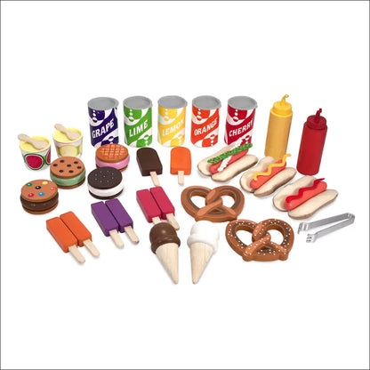 Colección de bocadillos y bebidas de plástico del Carrito de Bocadillos de Madera Melissa & Doug