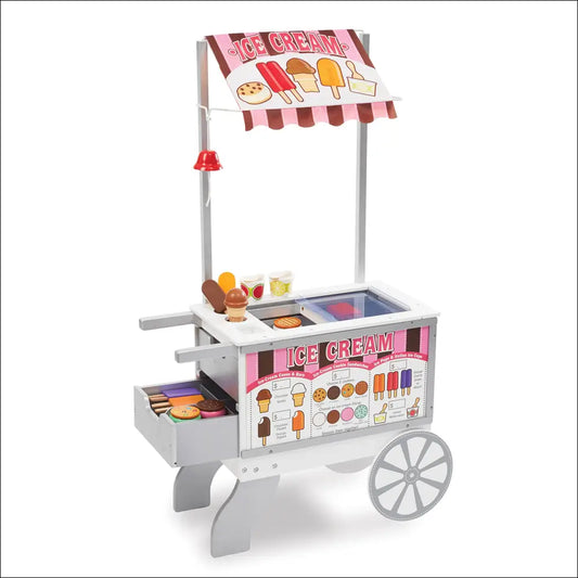 Carrito de Bocadillos de Madera Melissa & Doug con helados variados y toldo a rayas