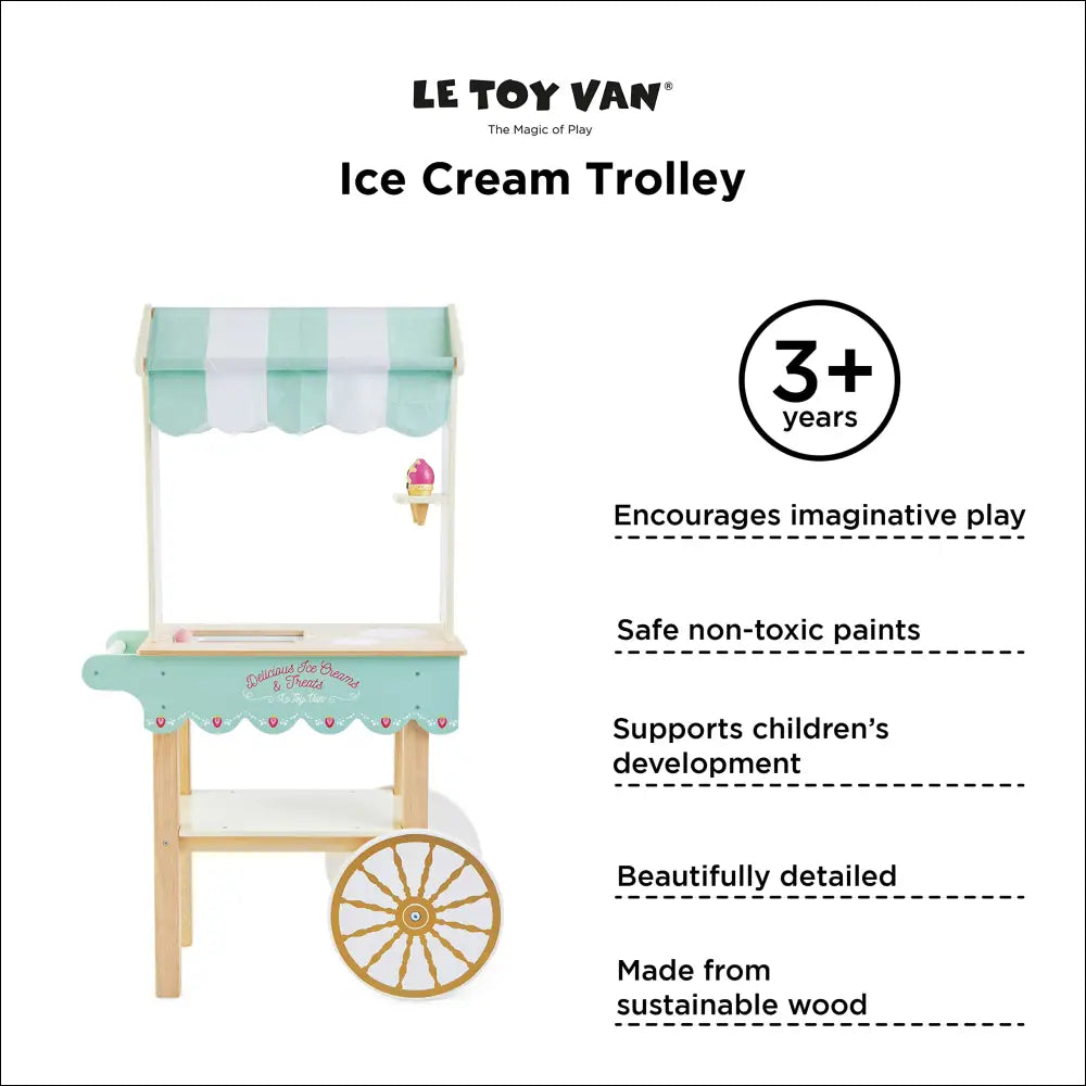 Carrito de helados clásico Le Toy Van, juguete de madera con toldo y rueda decorativa