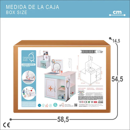 Caja de cartón con juguete médico infantil del Centro Veterinario WOOMAX