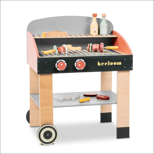 Juguete de madera Cocinita-Barbacoa Babycue con ruedas y accesorios de cocina