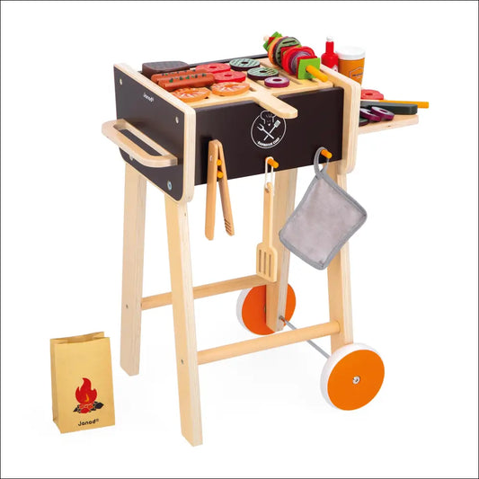 Cocinita-Barbacoa con Ruedas, juguete de madera con comida y utensilios de juego