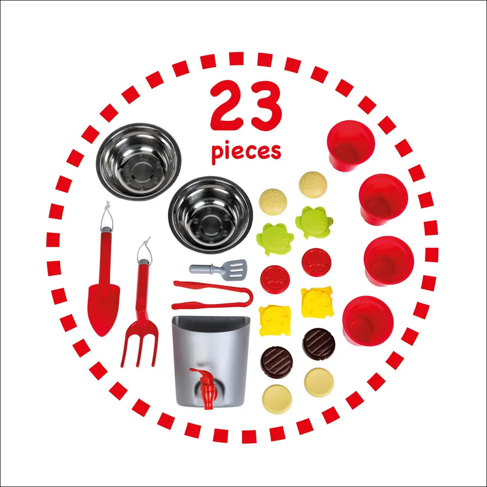 Cocinita BBQ Country con 23 piezas de utensilios de cocina y jardinería en círculo