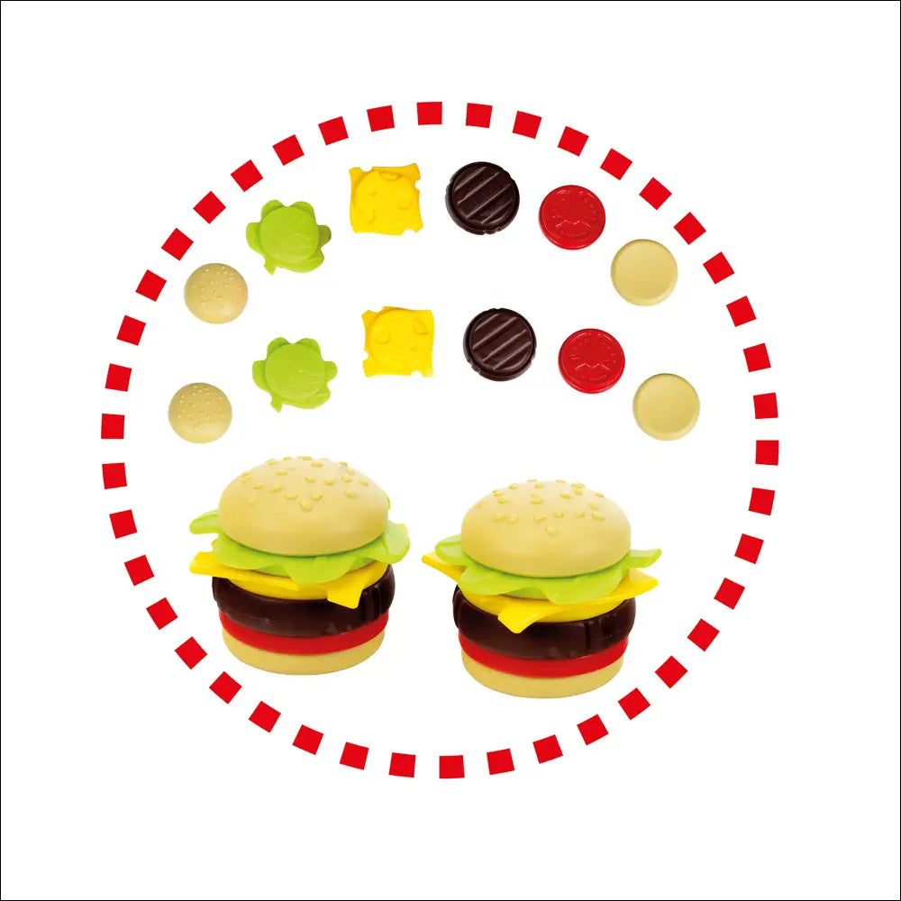 Dos hamburguesas de estilo cartoon junto a ingredientes coloridos de Cocinita BBQ Country