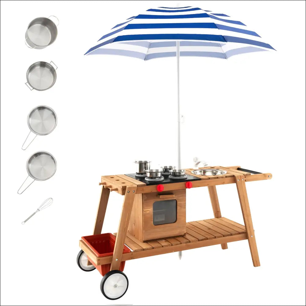 Cocinita exterior de madera con ruedas, parasol y utensilios para disfrutar al aire libre