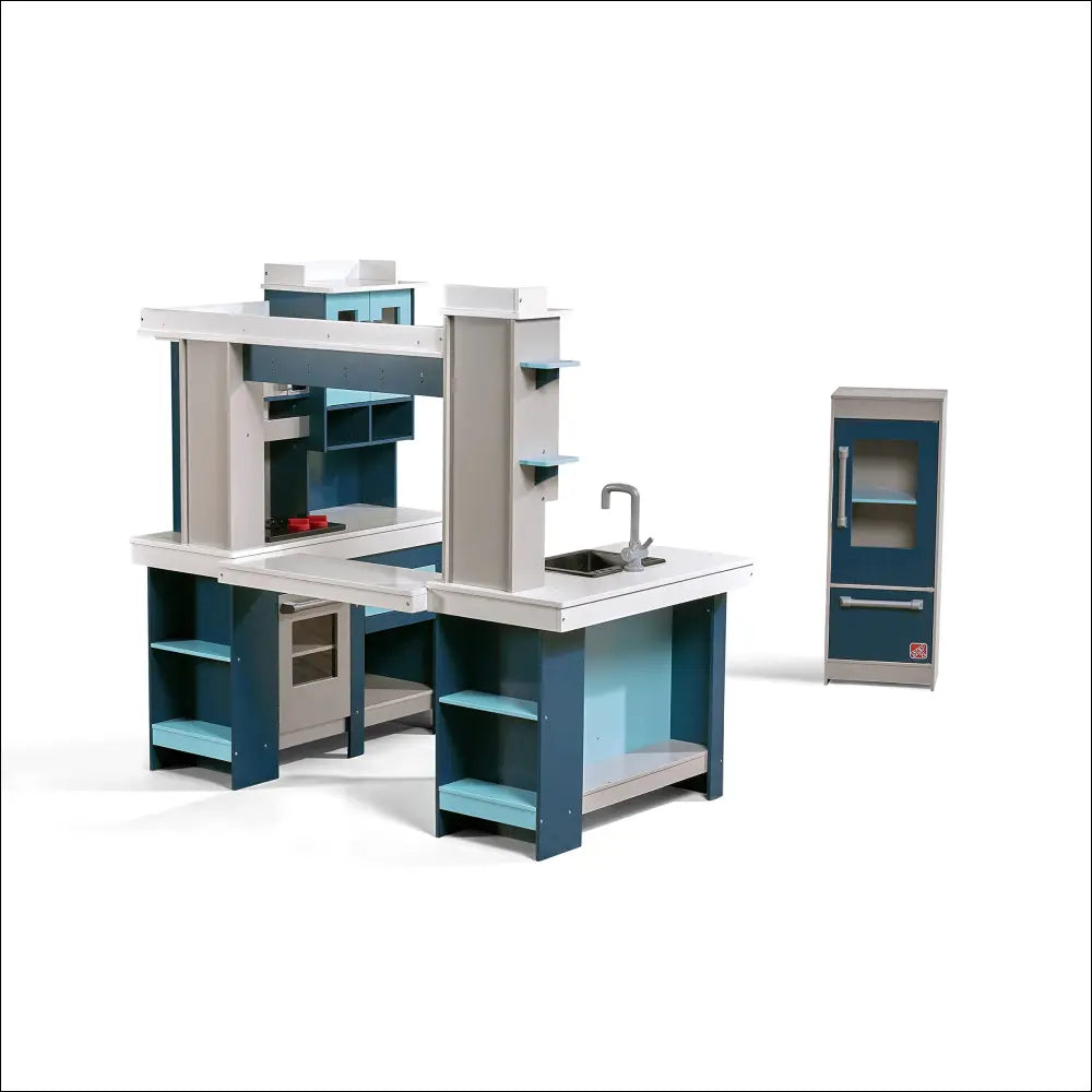 Mini cocina moderna Cocinita Grand Walk con unidades modulares en azul y blanco