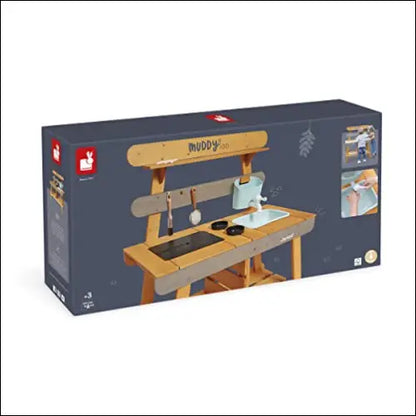 Mesa de trabajo de madera con herramientas para juegos de imitación en Cocinita Infantil Muddy