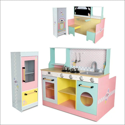 Cocinita-Restaurante Vintage con colorido set de cocina y muebles de madera para niños