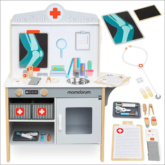 Centro médico infantil Mamabrum con instrumentos y equipo de juguete de madera