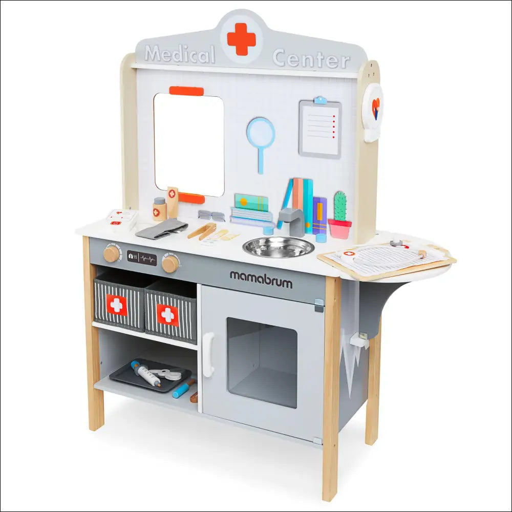 Centro médico de juguete Mamabrum con herramientas de madera para pequeños médicos