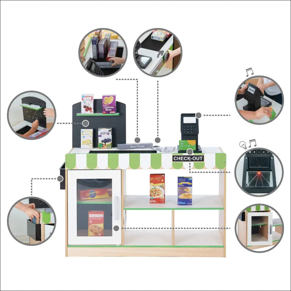 Checkout del Supermercado Austin Play con accesorios interactivos y cocinitas de madera