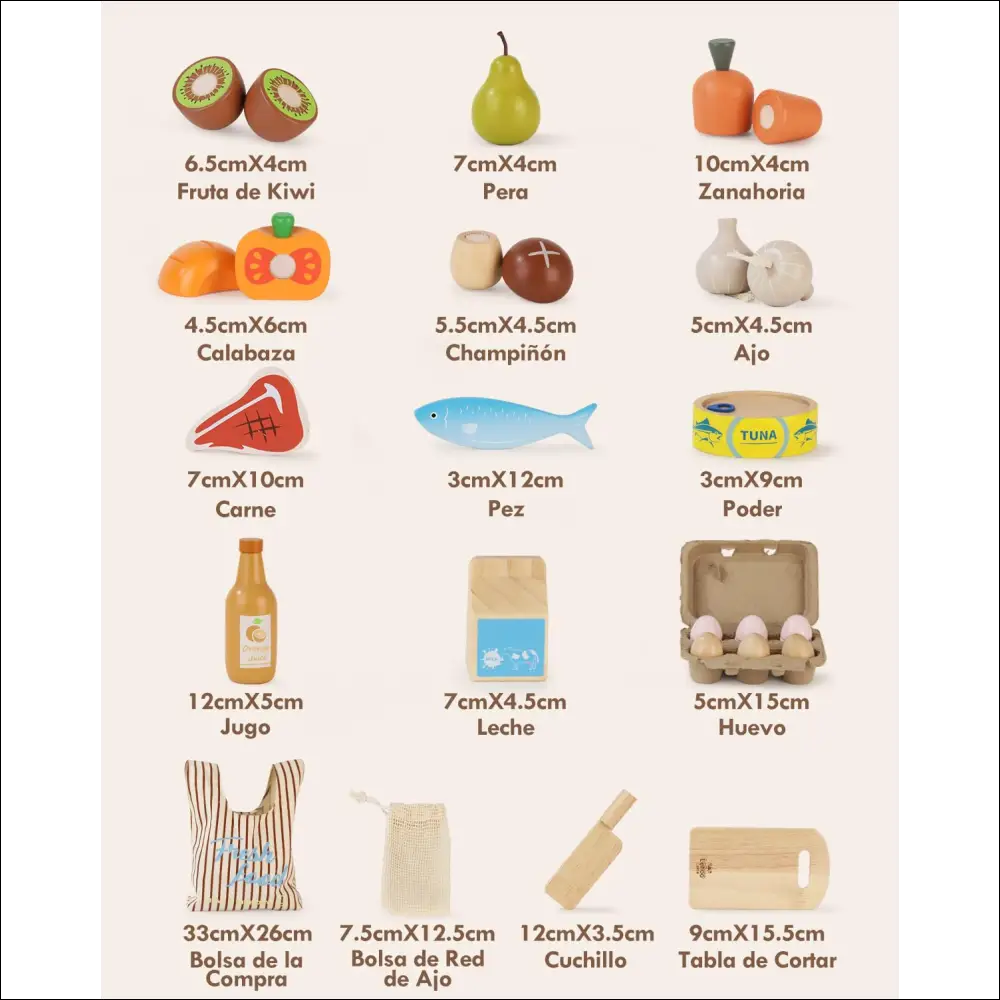 Colección de alimentos e utensilios ilustrados en español para cocinitas y carritos