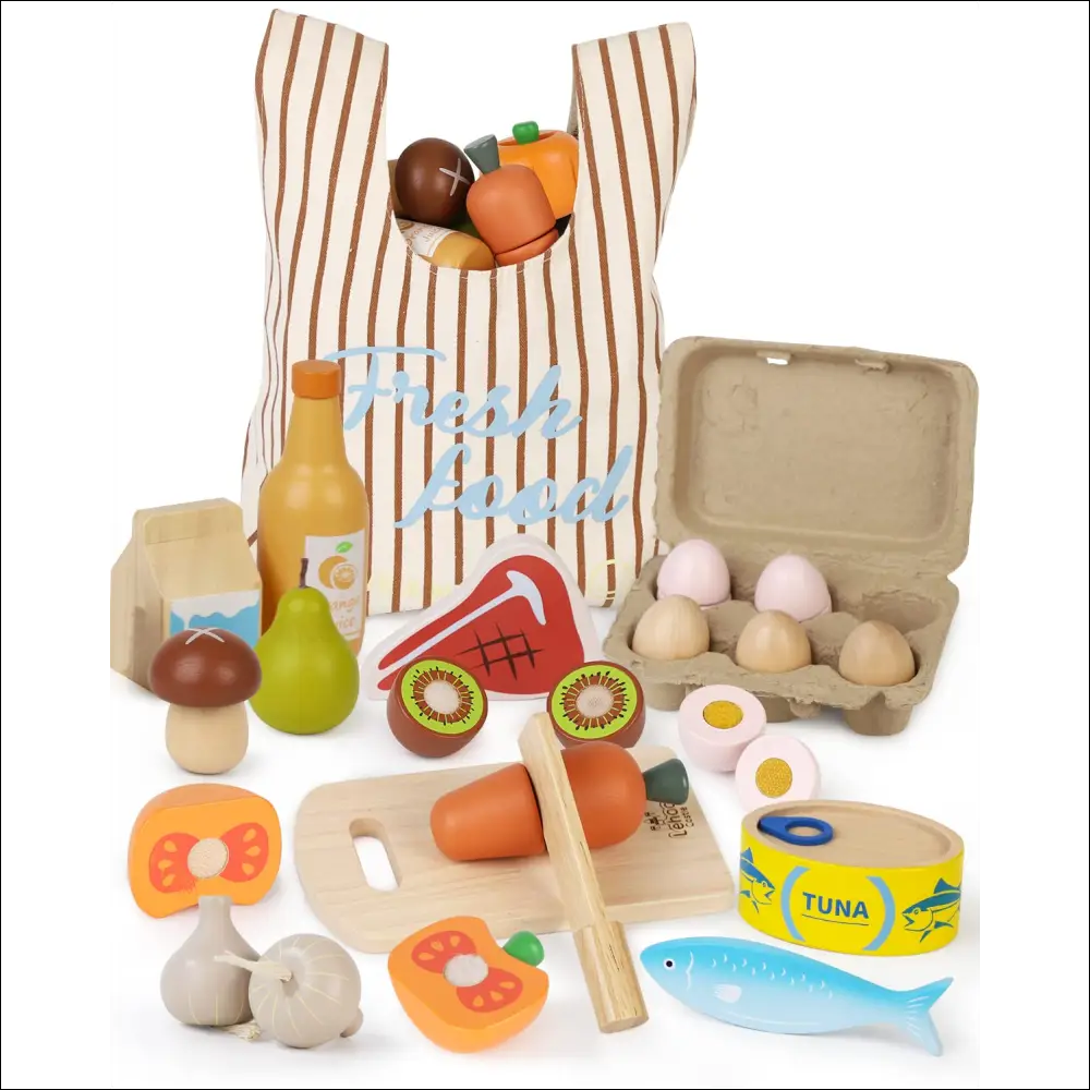 Colección de alimentos de juguete de madera y accesorios para carrito de cocinitas