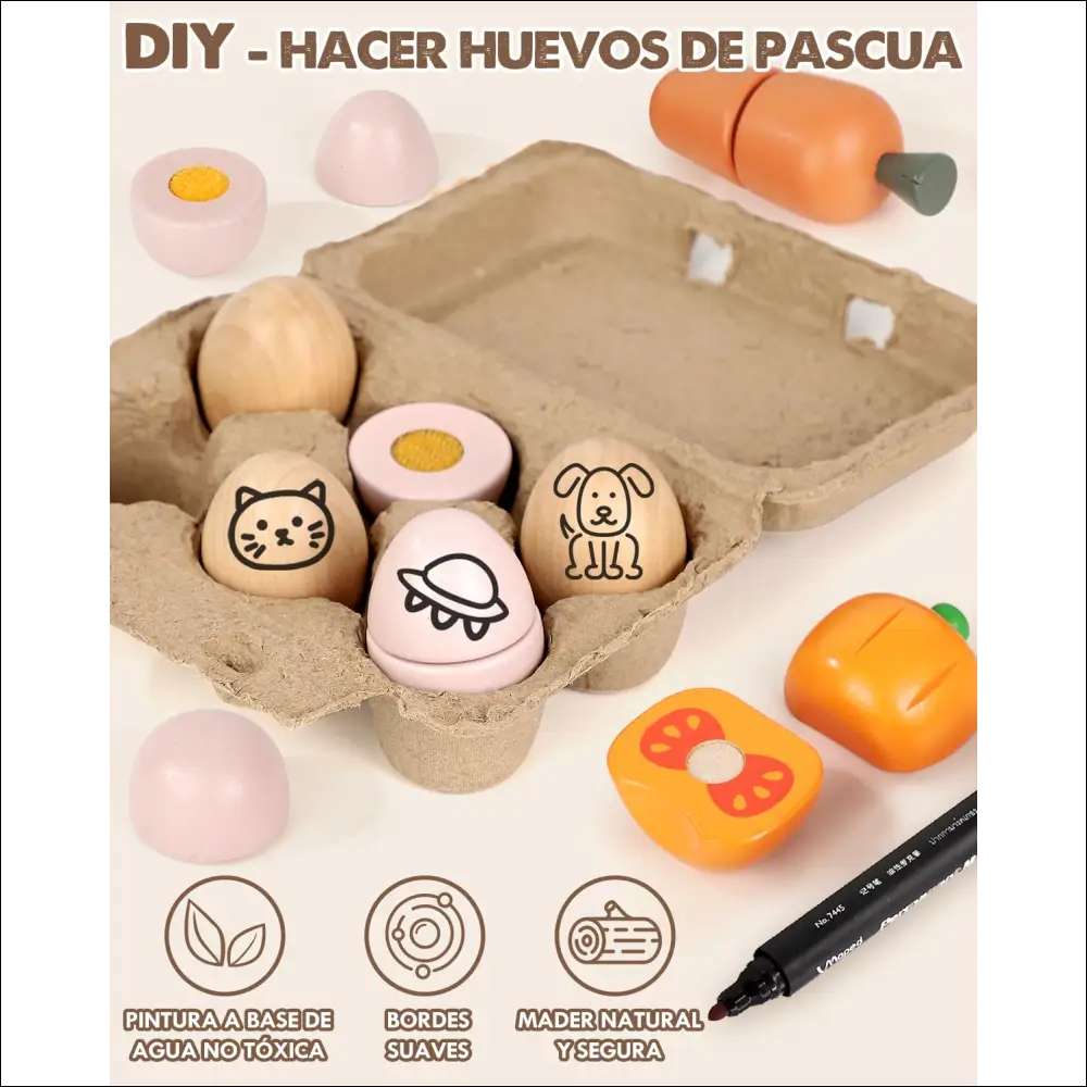 Cartón de huevos con huevos de madera decorados, ideal para cocinitas y carrito