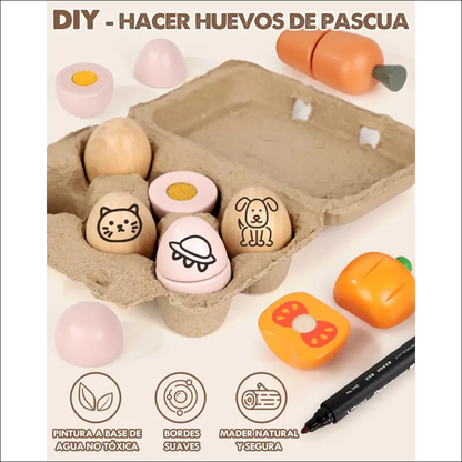 Cartón de huevos con huevos de madera decorados, ideal para cocinitas y carrito