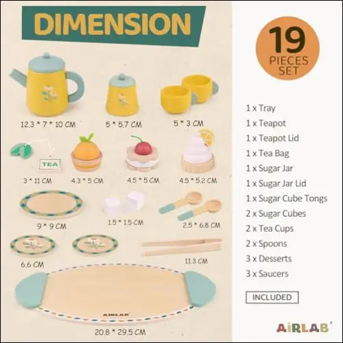Tarjeta informativa del juego Cocinitas de Madera con dimensiones y contenido