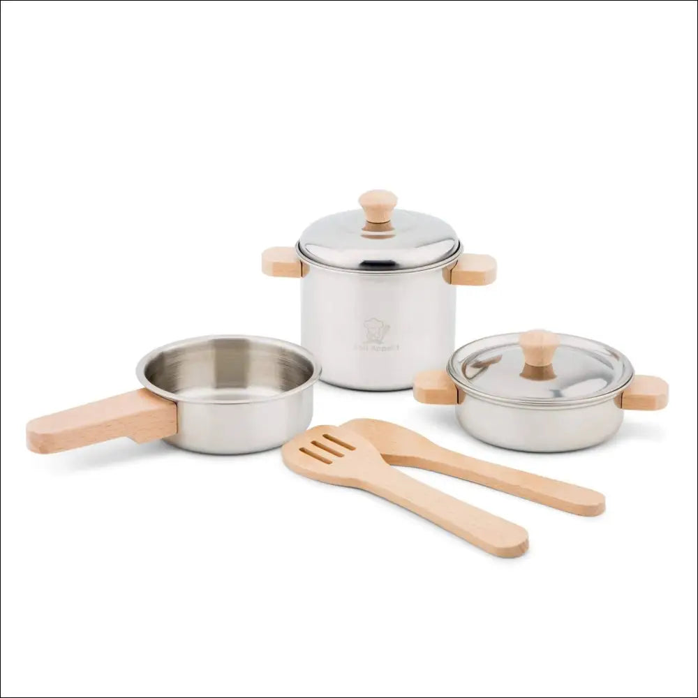 Juego de Cacerolas de Madera y Metal de New Classic Toys para desarrollar habilidades culinarias temprana edad