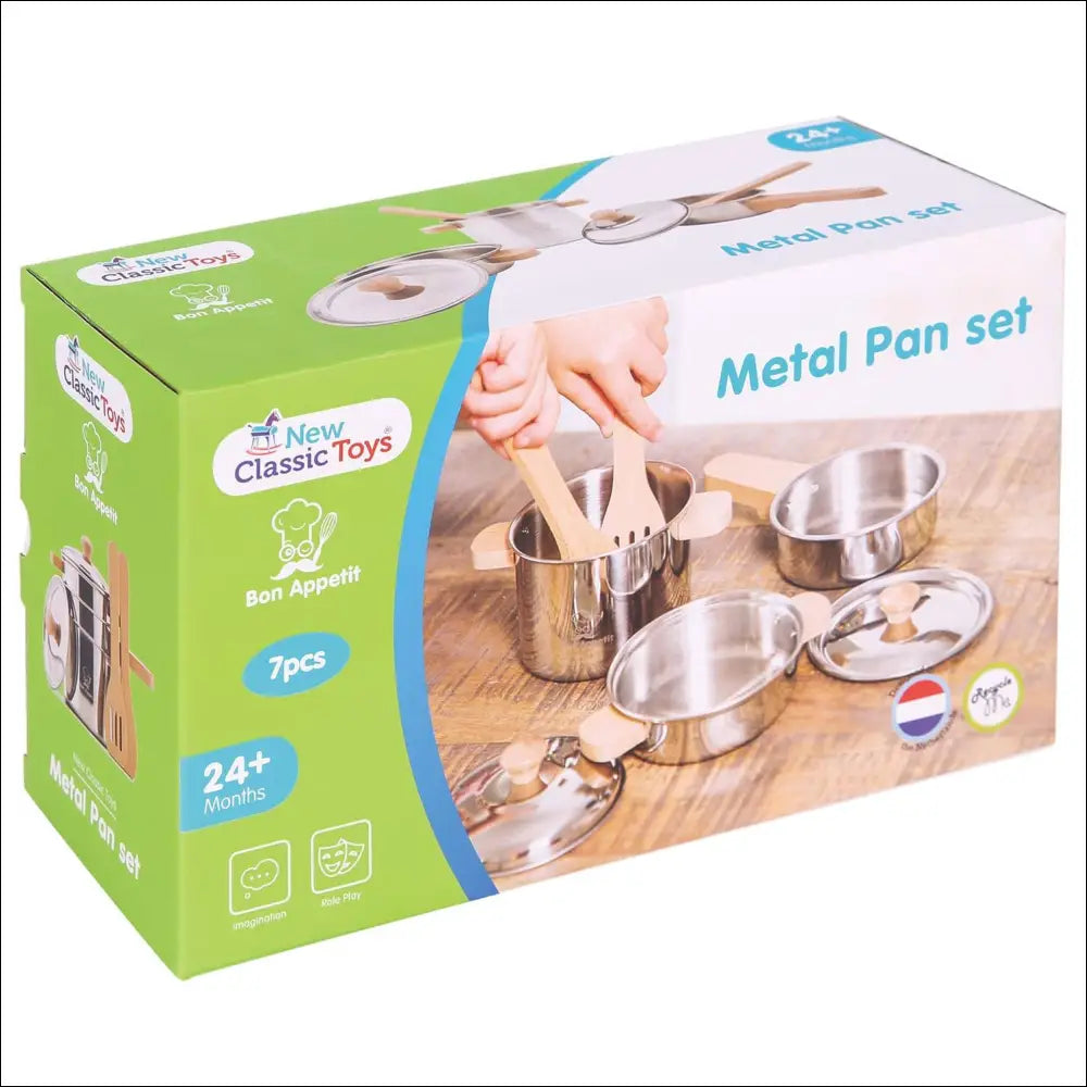 Juego de Cacerolas de Madera y Metal para Pequeños Chefs de New Classic Toys en caja colorida