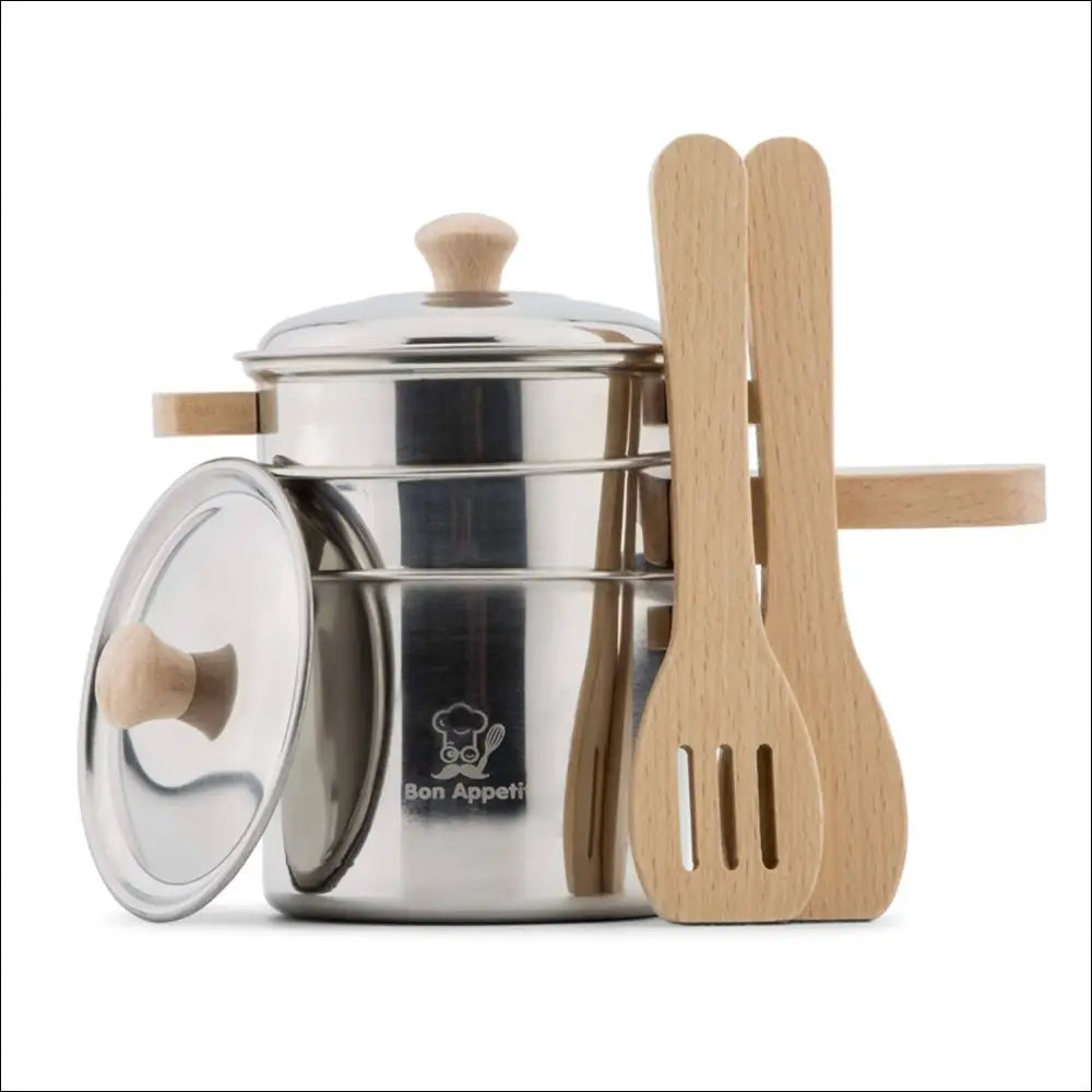 Juego de cacerolas de madera y metal para pequeños chefs de New Classic Toys