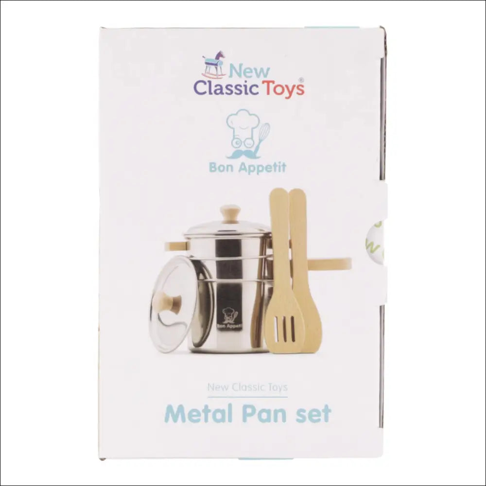 Juego de cacerolas de madera y metal New Classic Toys para habilidades culinarias